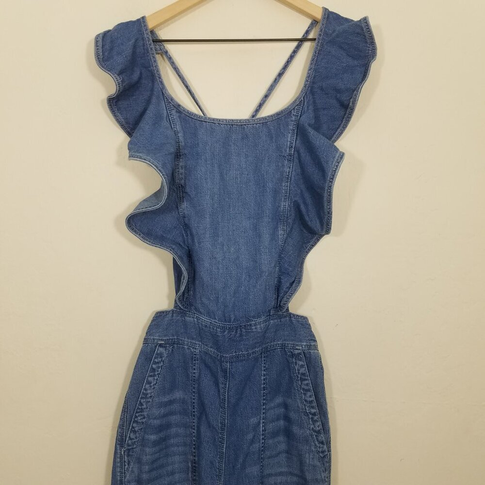 La Vie En Rose Ruffle Open Back Denim Jumpsuit Blue Size S - Picture 2 of 9
